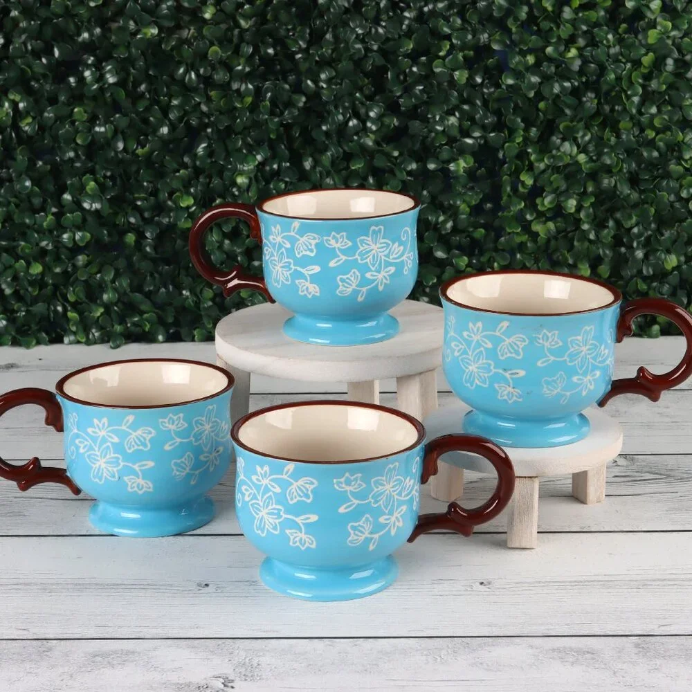 Tempt-ations Floral Lace Light Blue 10 oz Footed Tea Cups Set of 4 Rare Find!